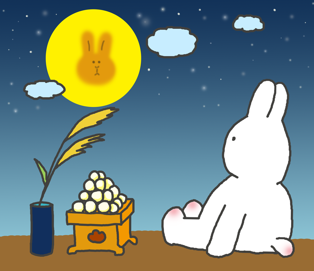 お月見をするウサギのイラスト（月にうさぎバージョン） - イラストの里