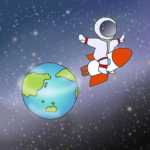 地球からロケットに乗って飛び立つ宇宙飛行士のイラスト