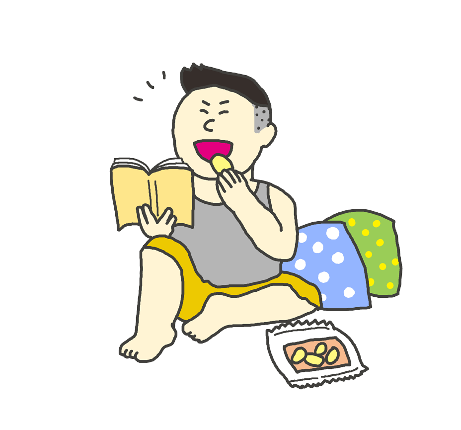 マンガを読みながらお菓子を食べている男性のイラスト イラストの里