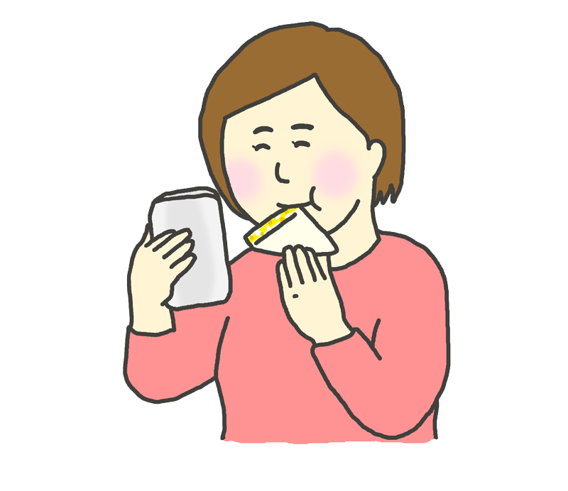 スマホを見ながらサンドイッチを食べる女性のイラスト