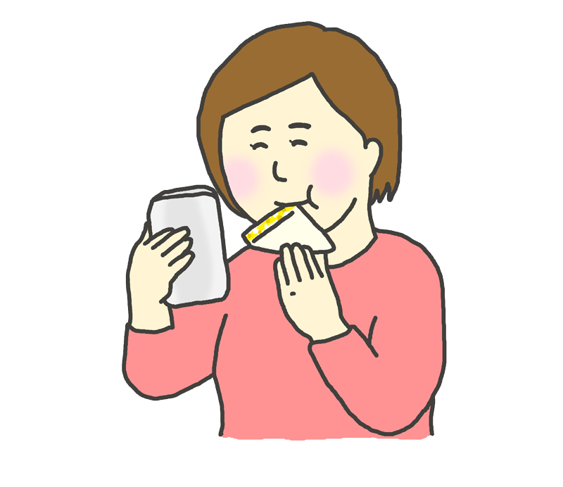 スマホを見ながらサンドイッチを食べる女性のイラスト イラストの里