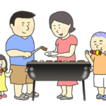 BBQをする大人と子供のイラスト