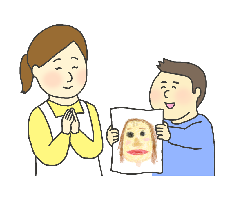 お母さんに似顔絵をプレゼントする男の子のイラスト（母の日）