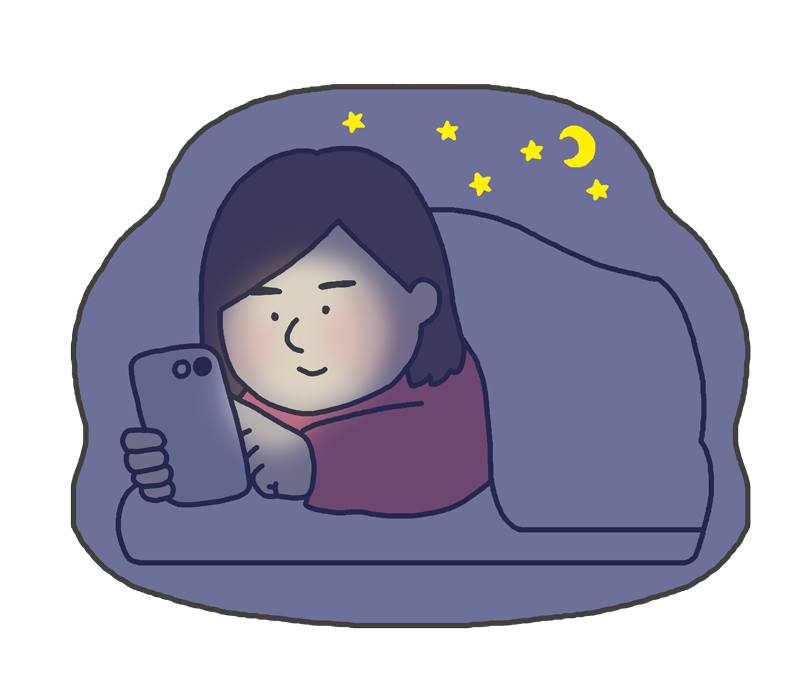 夜更かししてスマフォを見る女性のイラスト